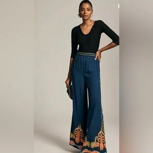 FARM Rio Blue Wide Leg Pants with Orange and Green Accents